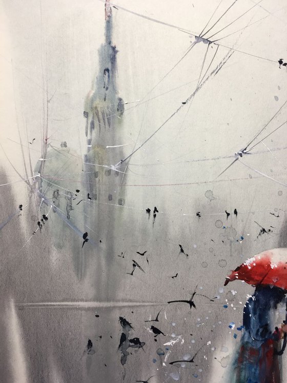 Watercolor "The red umbrella”