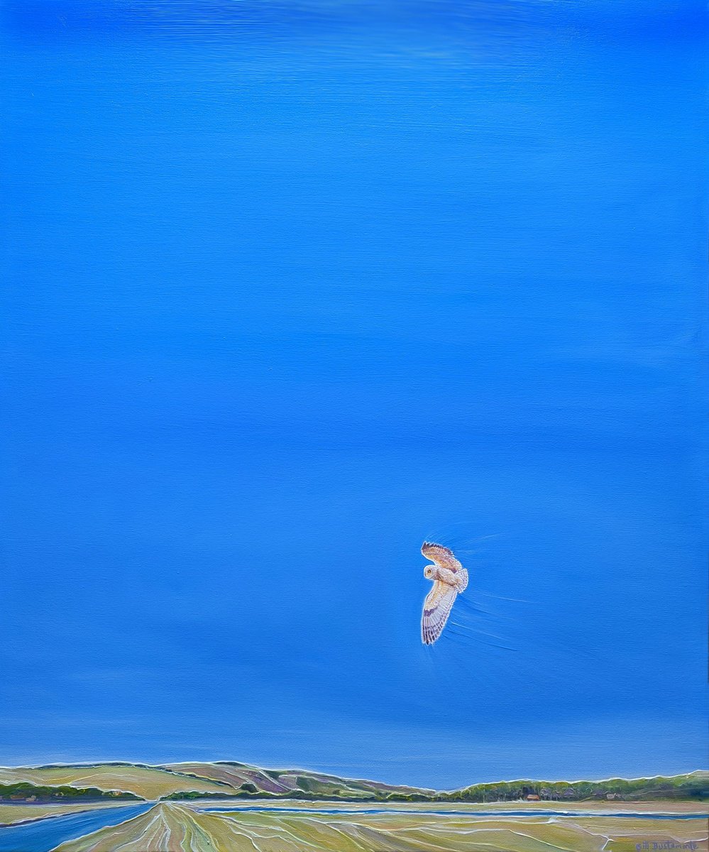 Expressive Animal Oil Painting By Gill Bustamante, 30 X 36, Cuckmere Haven Landscape With Owl, Original Artwork