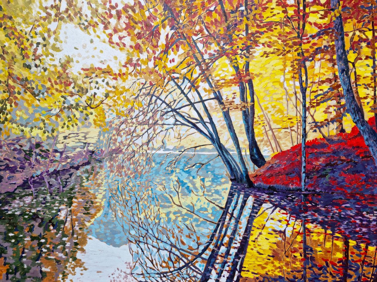 Impressionistic Landscape Oil Painting By Zulfiya Mukhamadeyeva, 35 X 28", Forest Reflection, Original Artwork