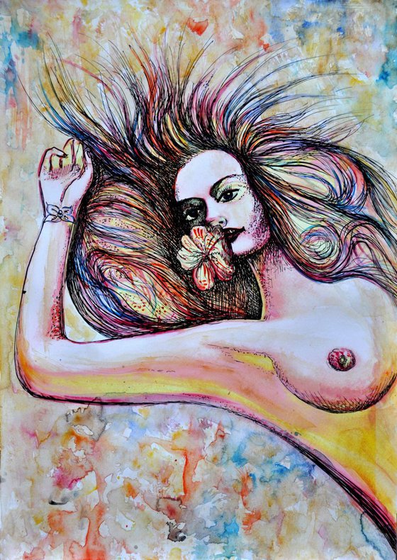 Fire Salamander - Nude Woman with Flower