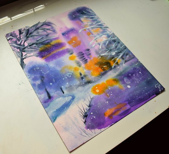 Winter New York Painting, Snowy Central Park Watercolour Art, Abstract Cityscape