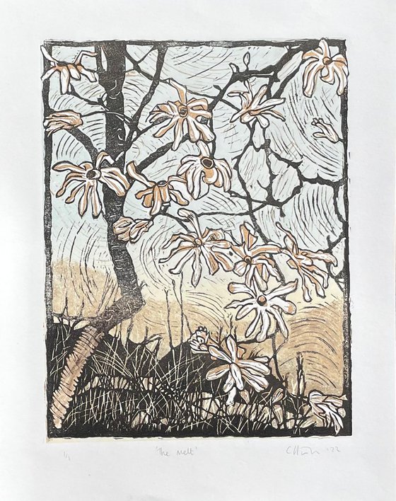 The Melt - Magnolia Blossom Contemporary Linocut Print