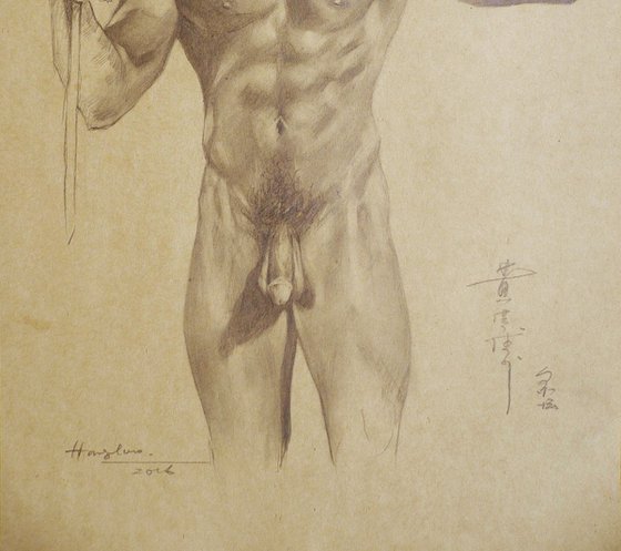 DRAWING PENCIL MALE NUDE ON BROWN PAPER#16-6-8-01