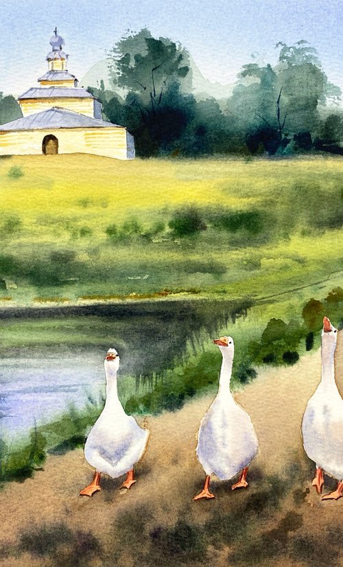 Geese on the Country Path by Irina Povaliaeva