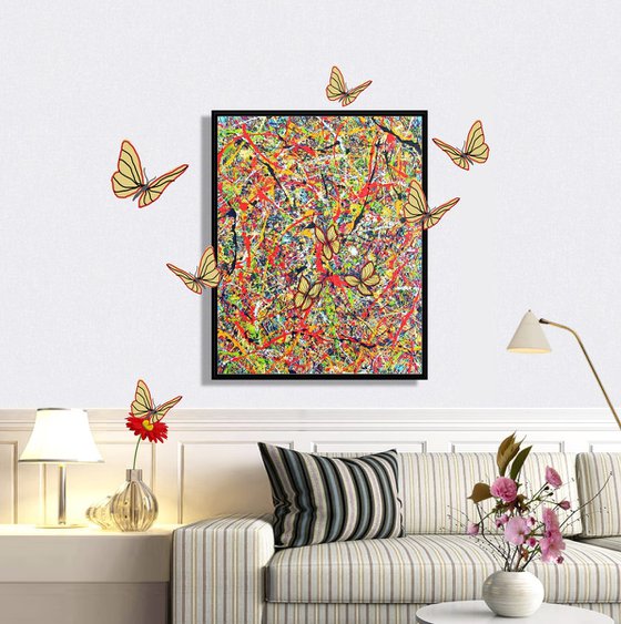 THREE BUTTERFLIES, framed