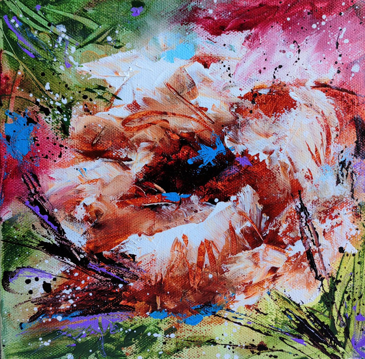 Abstract Botanical Acrylic Painting By Vera Hoi, 8 X 8", "Flowers For A Loved One Ii" From The "Colours Of Summer" Collection, Artfinder