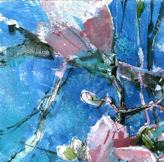 Textured abstract mixed media artwork "Blossoming Magnolia Branches"