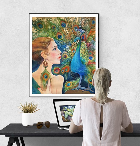 Girl with peacock. Art Deco woman portrait. Interior portrait