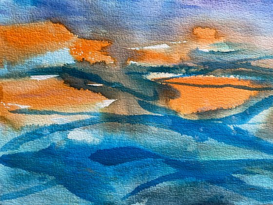 Seascape Watercolor Painting, Sea Ocean Wall Art, Sunset Large Original Painting, Coastal Home Decor