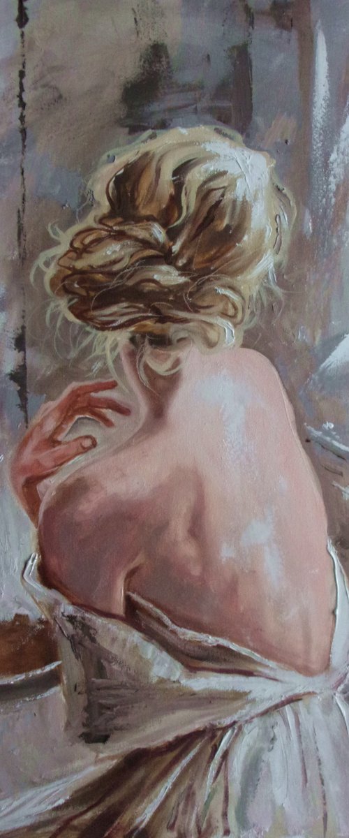 " NOVEMBER COFFEE " window liGHt  ORIGINAL OIL PAINTING, GIFT, PALETTE KNIFE by Monika Luniak