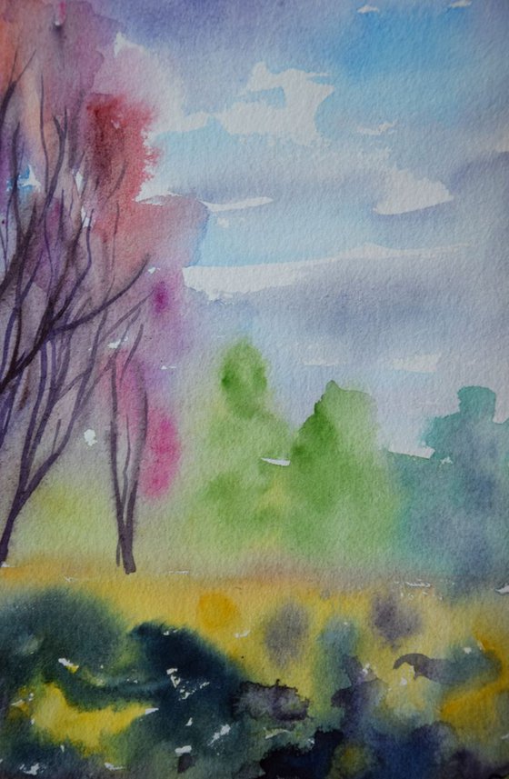 Spring blooming trees original watercolor painting