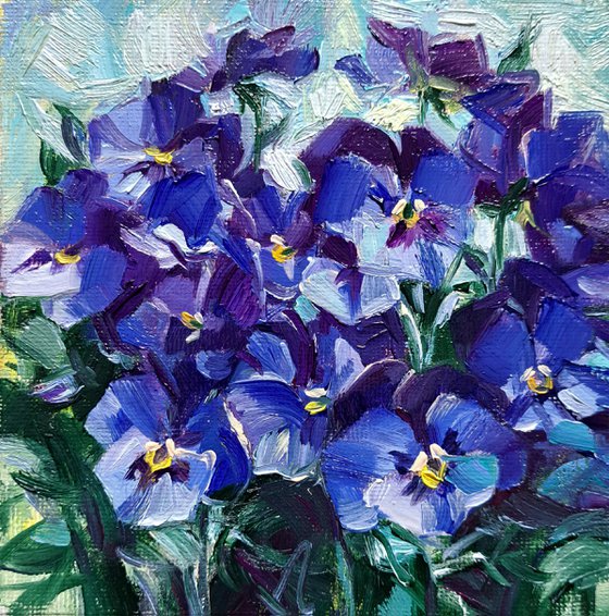 Small oil painting original blue flower painting 5x5, Pansy picture frame floral artwork