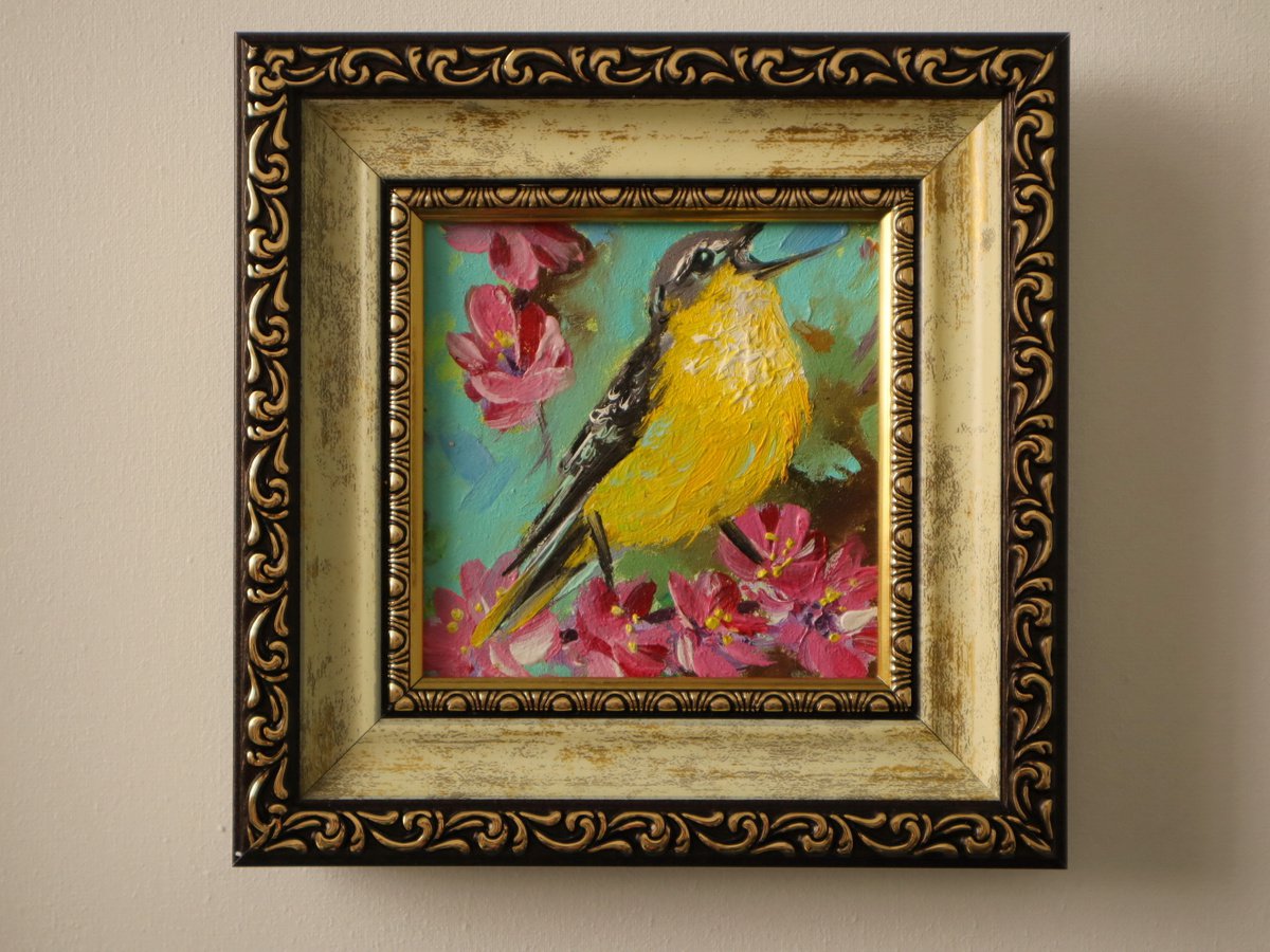 Original Goldfinch bird painting 4x4 in oil, Yellow bird on blossom branch painting framed... by Natalia Shaykina