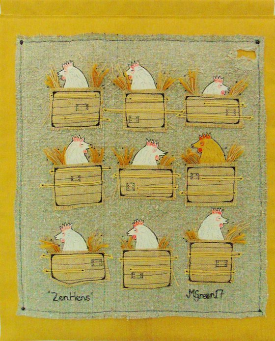 "Zen Hens" - textile collage