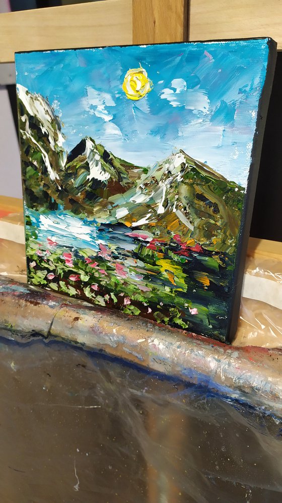 Sunny day in mountains, original small landscape oil painting, bedroom art