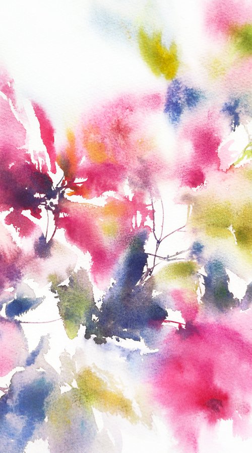 Pink abstract flowers, watercolor by Olga Grigo