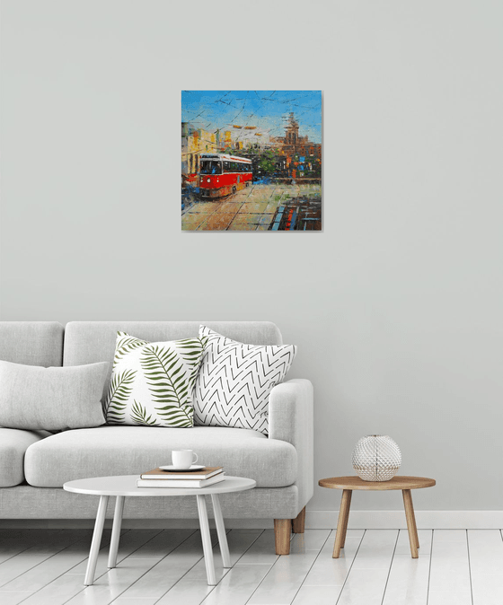 Red tram-1 (60x60cm, oil painting, ready to hang)