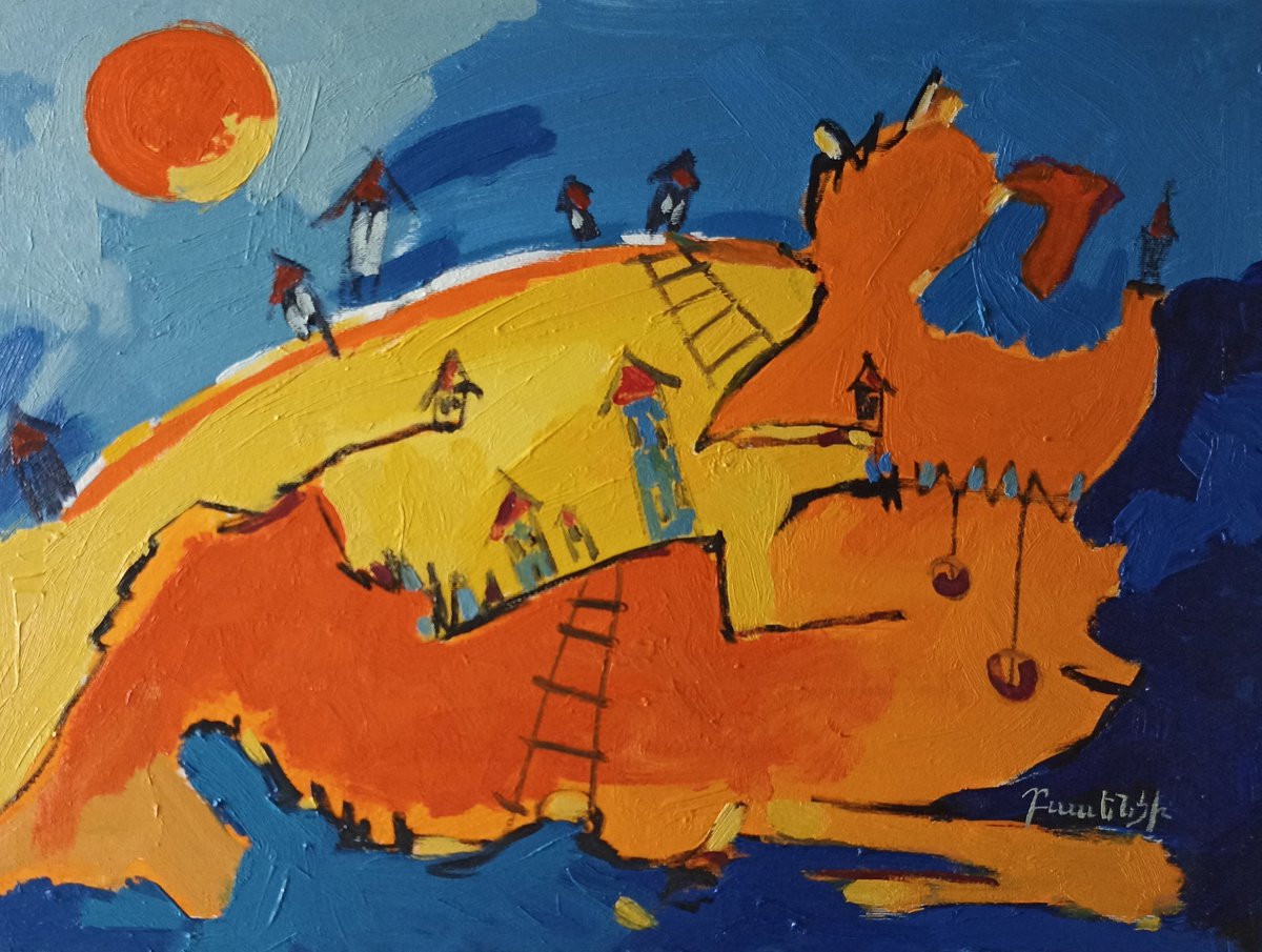 Abstract Oil Painting By Artyom Basenci, 24 X 18, Yellow City (45X60Cm, Oil Painting, Ready To Hang), Original Artwork