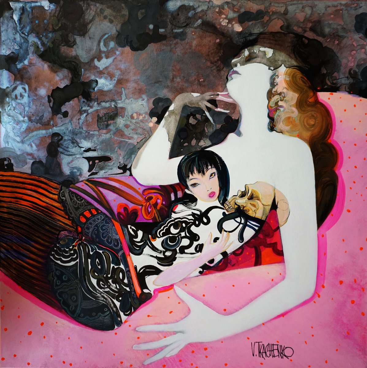 Organic Portrait Acrylic Painting By Victor Tkachenko, 36 X 36", Dreaming In Pink, Original Artwork