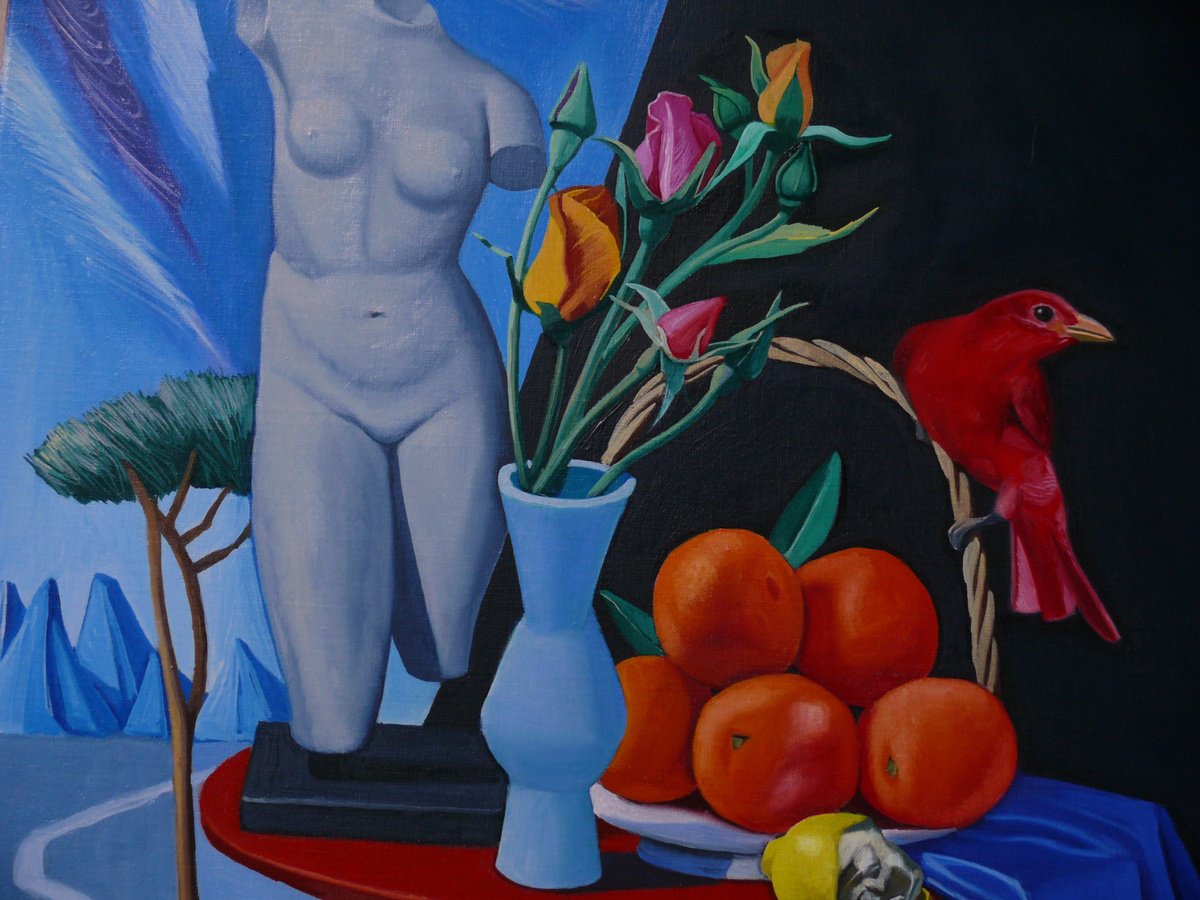 Still Life Oil Painting By Paul Rossi, 24 X 30", Still-Life With Red Tanager, Original Artwork