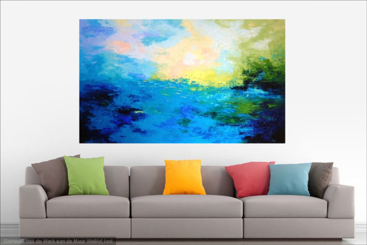 Abstract Landscape Oil Painting By Saroja Van Der Stegen, 65 X 40", Blue Seascape (Ref#:948-100M), Original Artwork