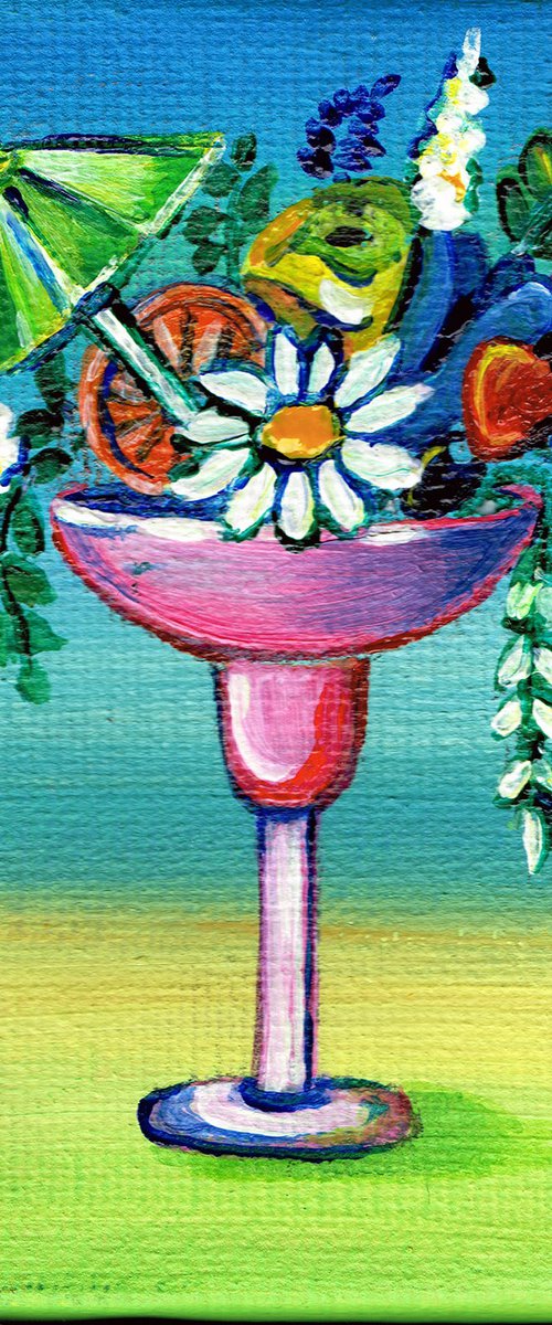 flowers in cocktail glass, original acrylic miniature painting, still life N2 by Diana Aleksanian