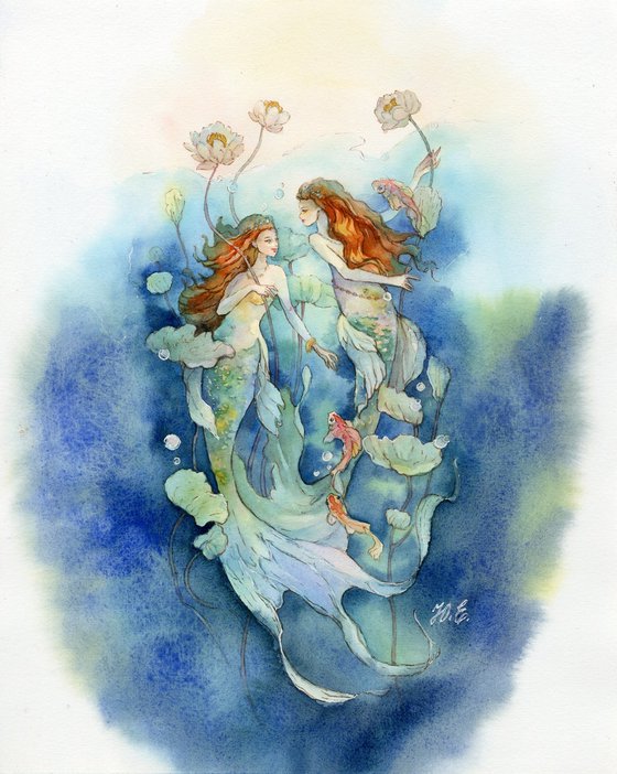 Fantasy red-haired twins, Two mermaid sisters
