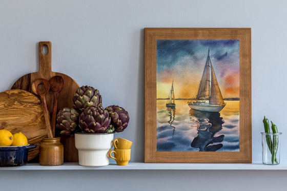 Sail on sunset - original watercolor artwork from ukranian artist