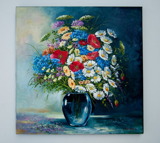 Bouquet of wildflowers. Oil painting. 16 x 16in.