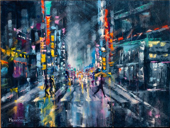 "Street of the night city" people with umbrella , original oil painting