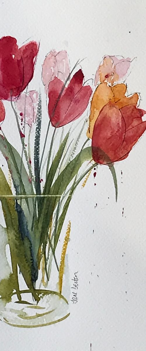 Vase of tulips by JANE  DENTON