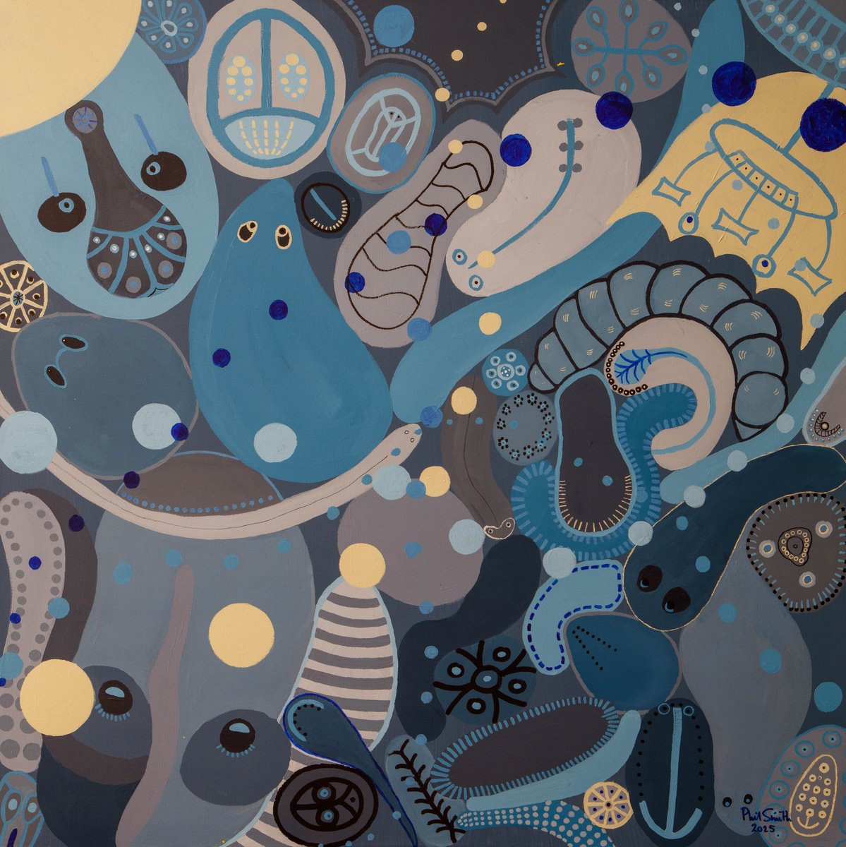 Organic Abstract Acrylic Painting By Phil Smith, 39 X 39", So Here We Are, Original Artwork