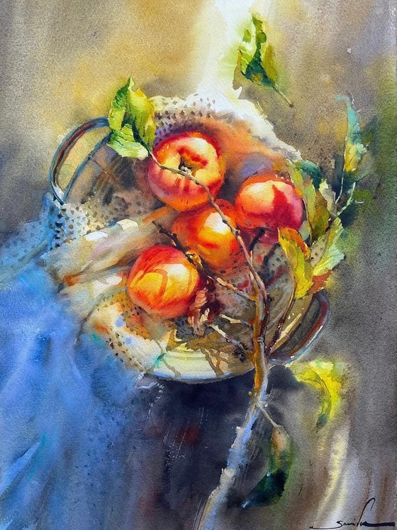 Apple painting watercolor. The Basket of Apples