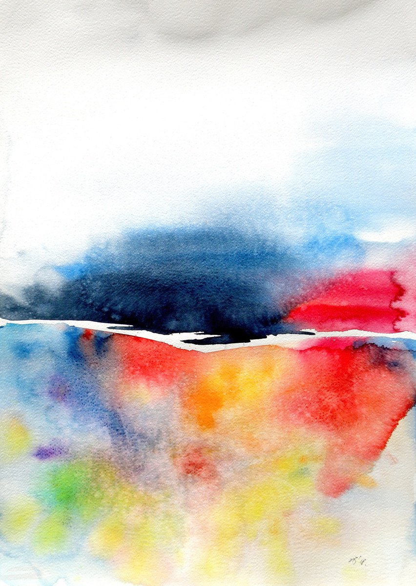 Abstract Landscape Watercolour By Kovacs Anna Brigitta, 20 X 28", Wintertime Landscape Iii, Original Artwork