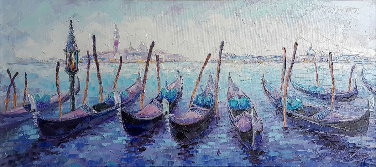 Impressionistic Landscape Oil Painting By Viktoria Lapteva, 33 X 17", Morning In Venice, Original Artwork
