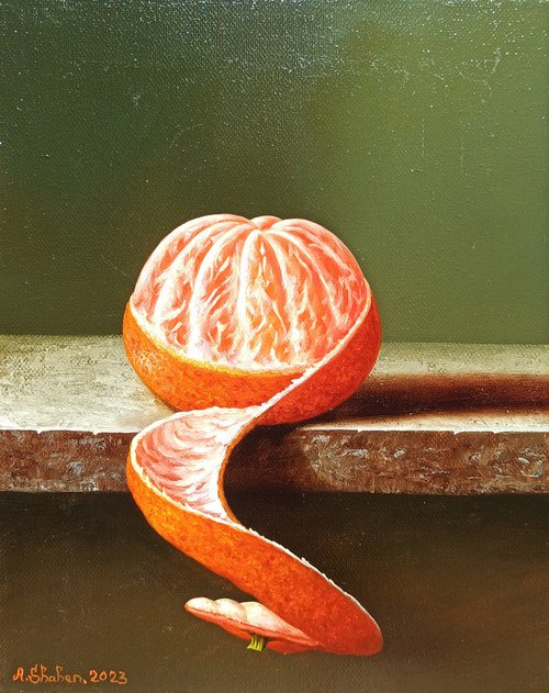 Still life - A tangerine  (24x30cm, oil painting, ready to hang) by Sergei Miqaielyan