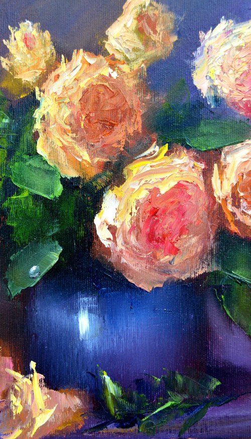 Yellow roses in a blue vase by Elena Lukina