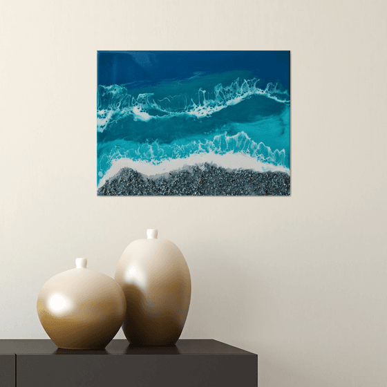 Blue shell beach - original seascape epoxy resin artwork