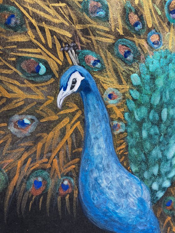 Peacock Watercolor Painting, Original Artwork, Small Metallic Painting, Shiny Wall Art