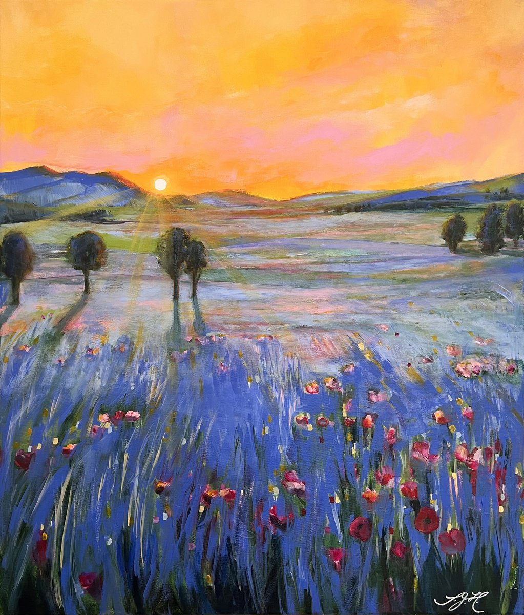 Impressionistic Landscape Acrylic Painting By Sandra Gebhardt-Hoepfner, 24 X 28", Summer Garden 9, Original Artwork