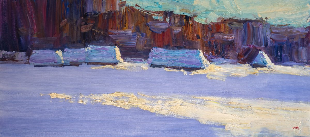 Impressionistic Landscape Oil Painting By Vasyl Moldavchuk, 35 X 16", Winter Farm, Original Artwork