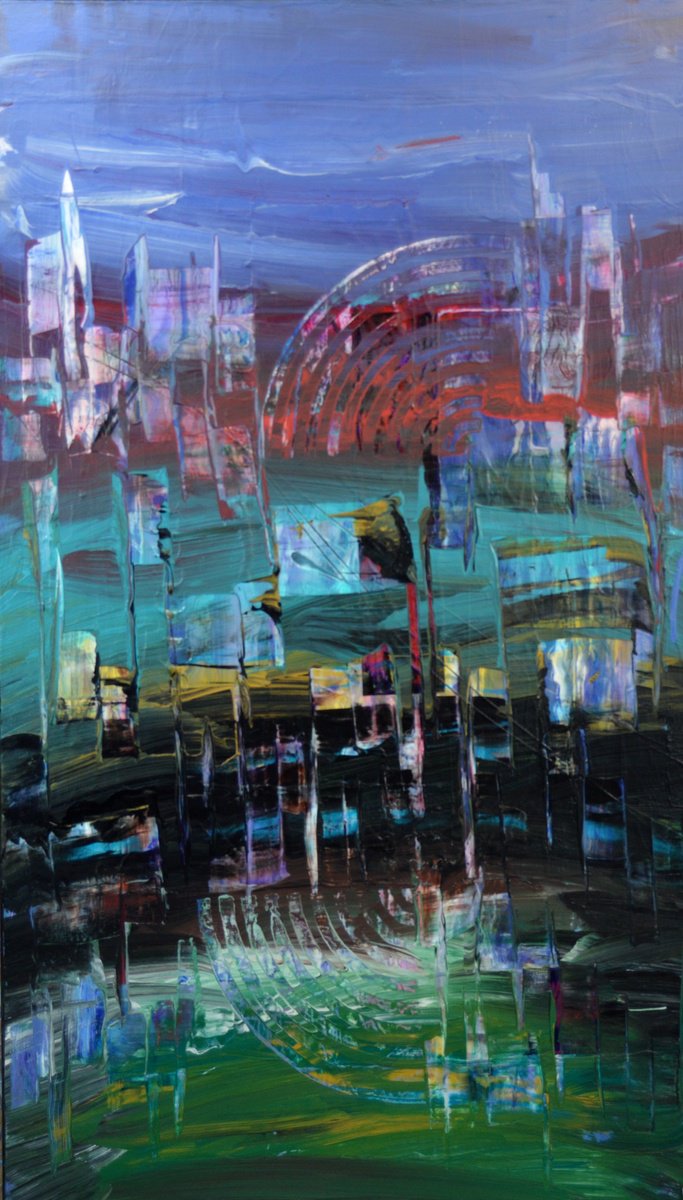 Surrealistic Cityscapes Acrylic Painting By Lucian Richards, 23 X 41", London, Original Artwork