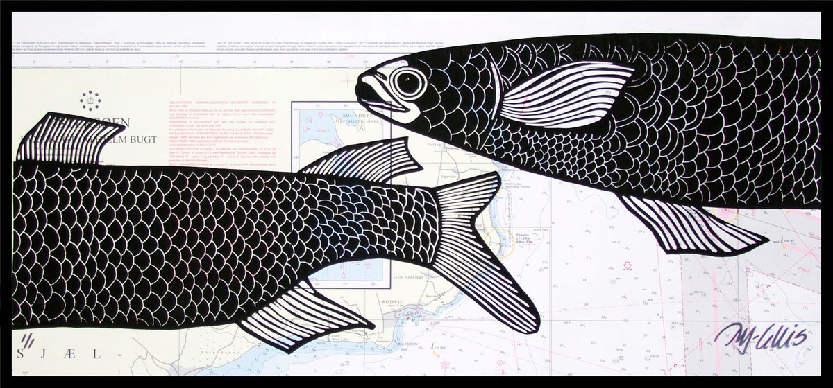 Back and front, linocut printed on vintage seachart by Mariann Johansen-Ellis