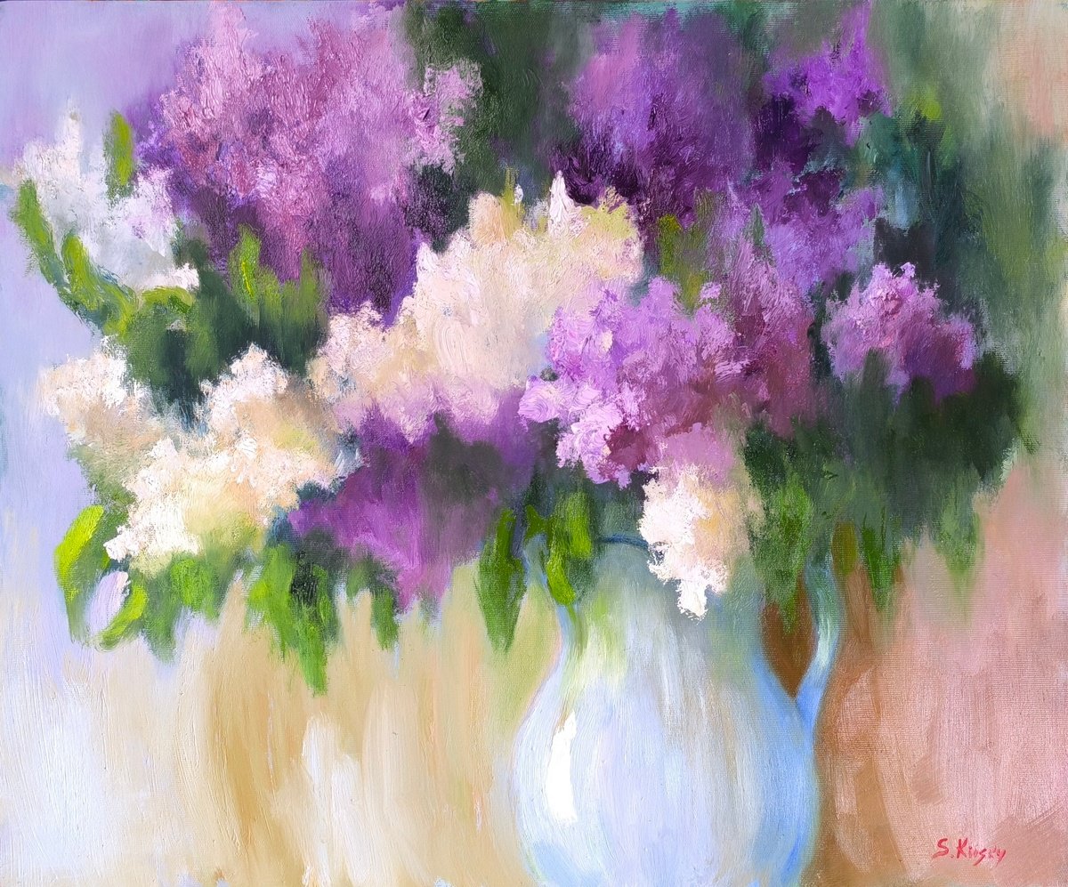 Impressionistic Botanical Oil Painting By Svetlana Grishkovec-Kiisky, 24 X 20", Lilac, Original Artwork