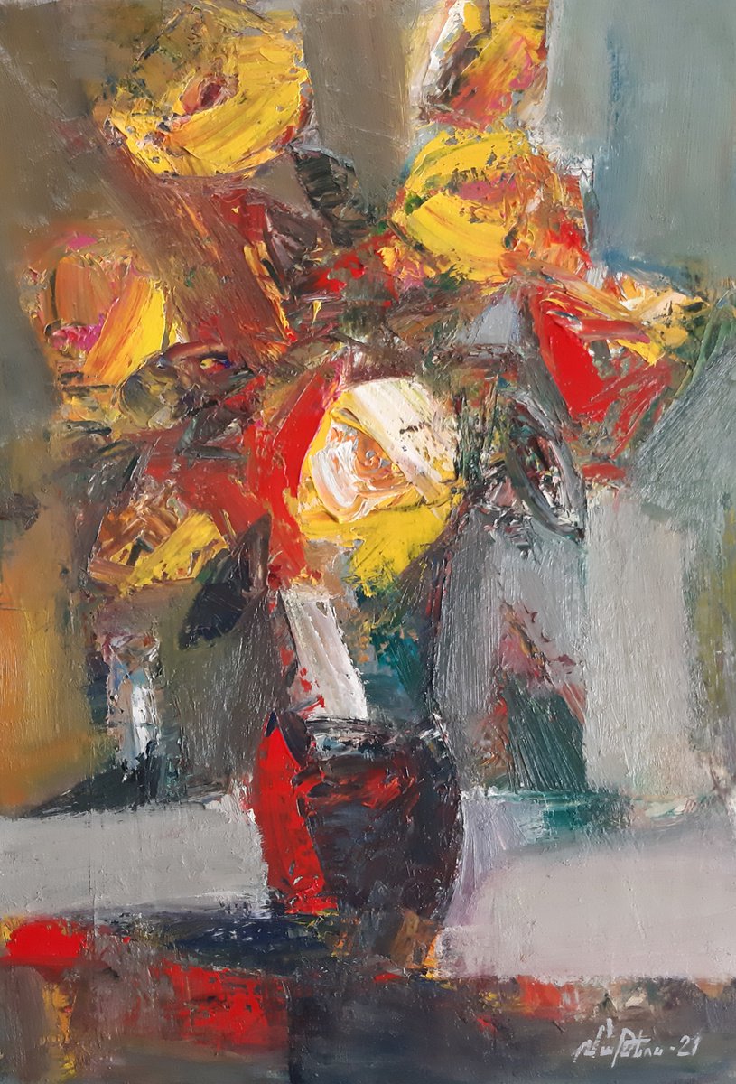 Abstract flowers (35x50cm, oil painting, palette knife) by Mateos Sargsyan