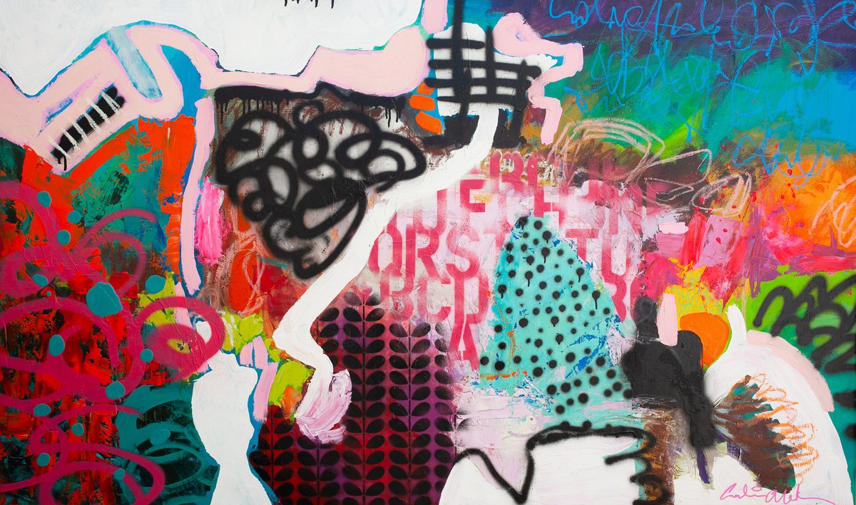 Organic Abstract Acrylic Painting By Carolina Alotus, 62 X 37, Flamingo Fiesta, Original Artwork