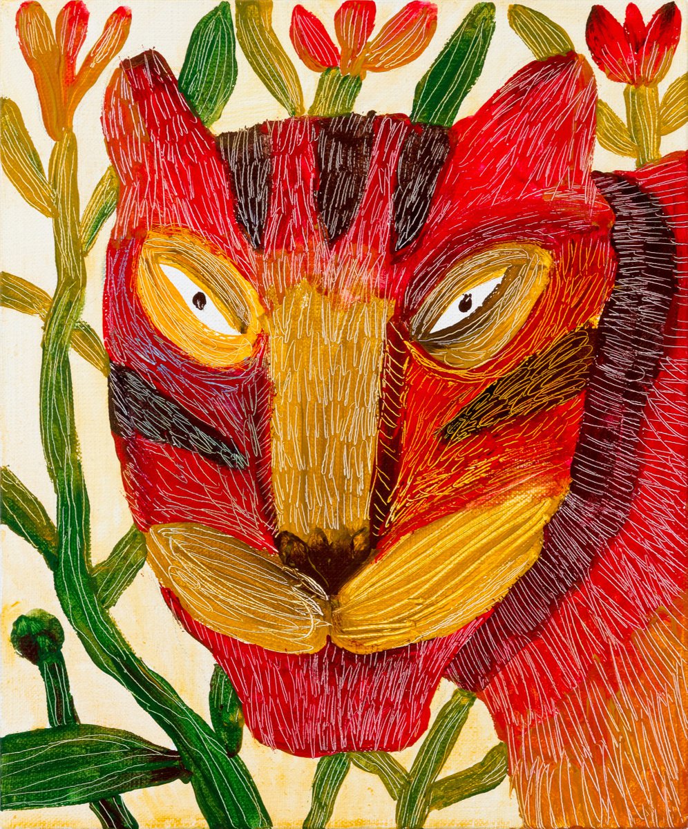 Naive Animal Acrylic Painting By Yuliia Dunaieva, 10 X 12", Tiger 25?30?2 Cm, Original Artwork