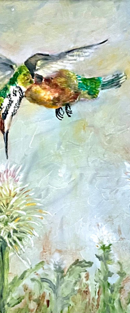 Hovering Hummingbird with Thistle Original Oil on gessoed masonite 8x10 gold/brown frame by Mary Gullette