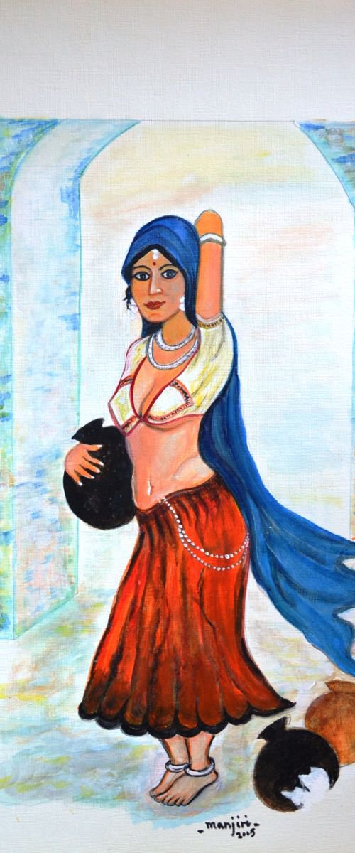 Village Belle exotic painting of an Indian women carrying a pot of water by Manjiri Kanvinde