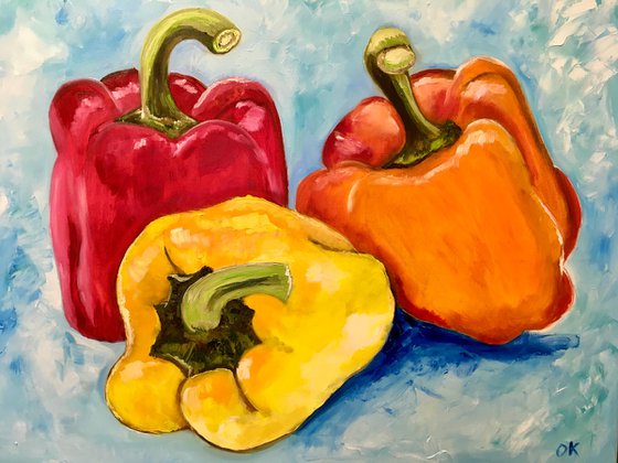 Still life with three peppers 71 x 56 cm. on turquoise background in oil on canvas.